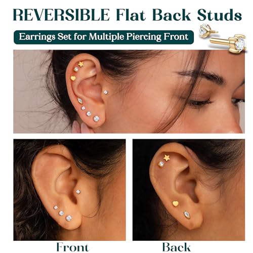Reversible Flat Back Earrings Studs Hypoallergenic - 14K Gold Filled Surgical Steel Earring 18G Cartilage Helix Tragus Conch Piercing Jewelry Extended Internal Thread Earrings for Women Men3