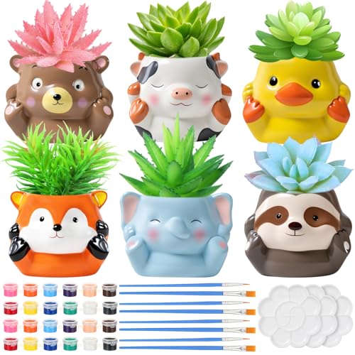 Chuangdi 6 Sets DIY Ceramic Succulent Pots Paint Animal Planters