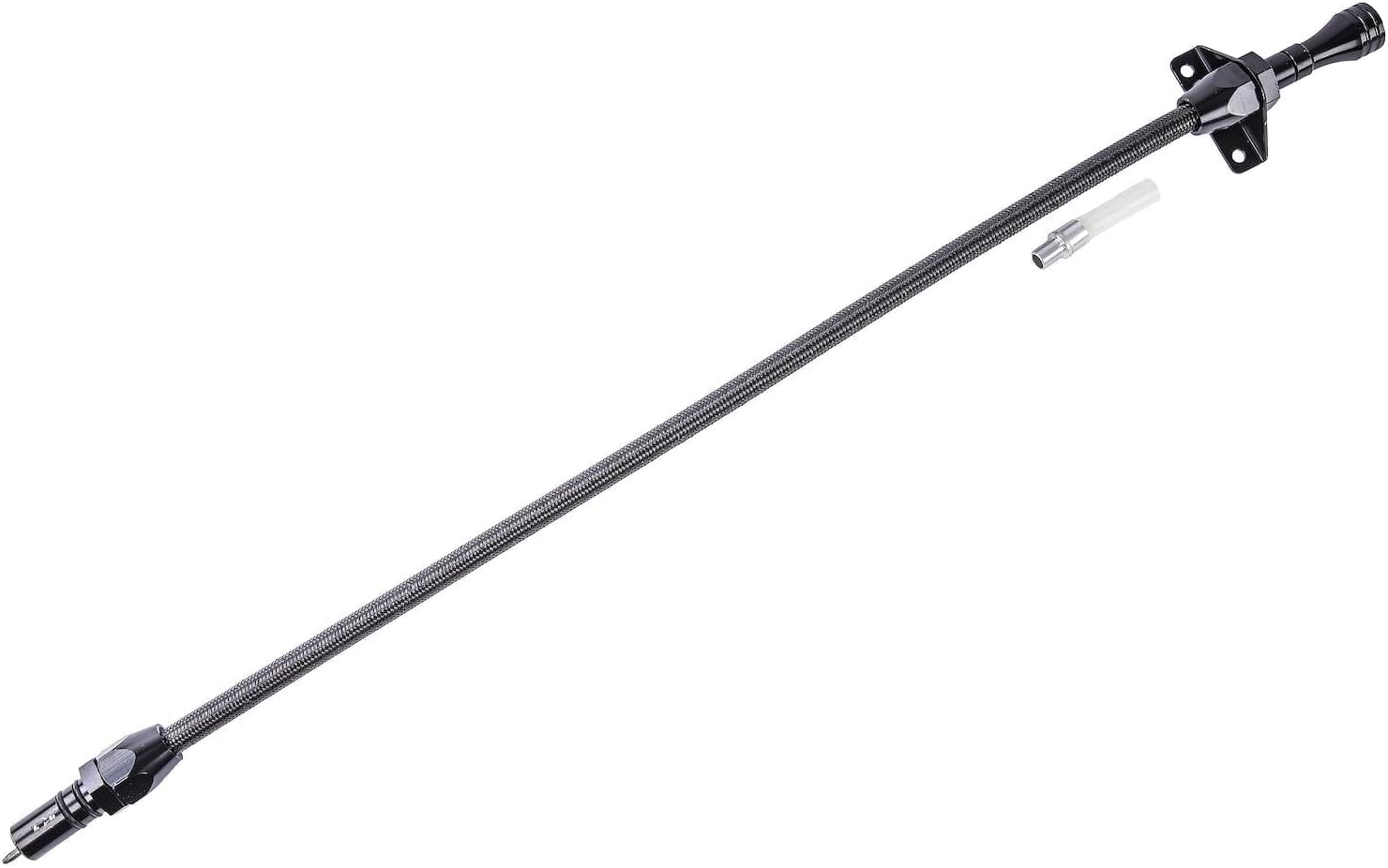 JEGS Flexible Braided Transmission Dipstick | Fits TH-350 & TH-400 Transmissions | Firewall Mount | Stainless Steel Braided Hose | Black Billet Aluminum Handle | Double O-Ring Seal