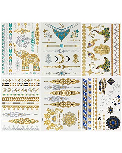 Wrapables® Celebrity Inspired Temporary Tattoos in Metallic Gold Silver and Black (6 Sheets), Large, Indian Motif