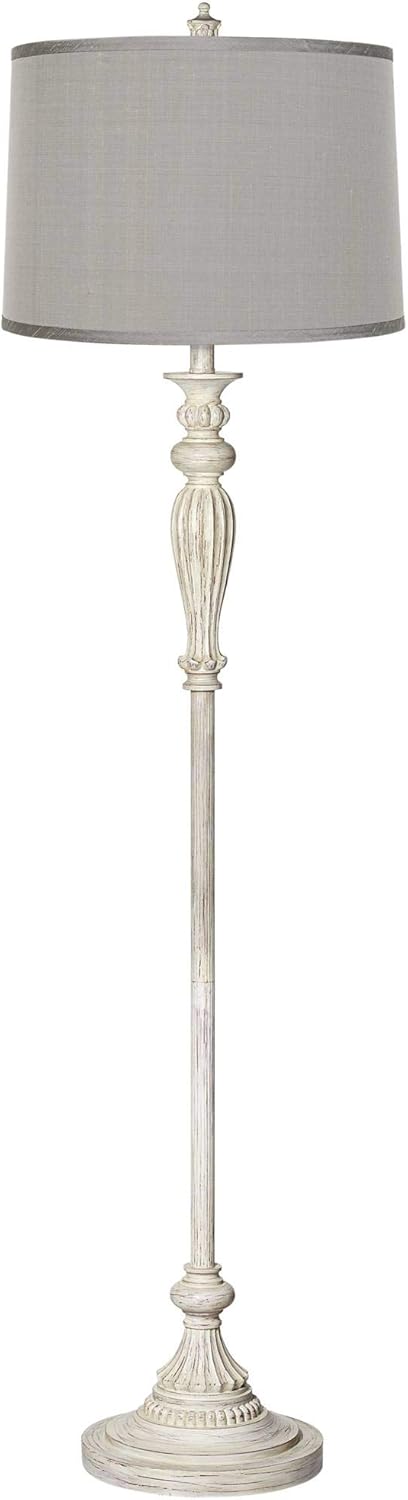 Possini Euro Design Traditional Vintage Shabby Chic Standing Floor Lamp 60" Tall Antique White Washed with Platinum Gray Dupioni Silk Drum Shade Decor for Living Room Reading House Bedroom Home