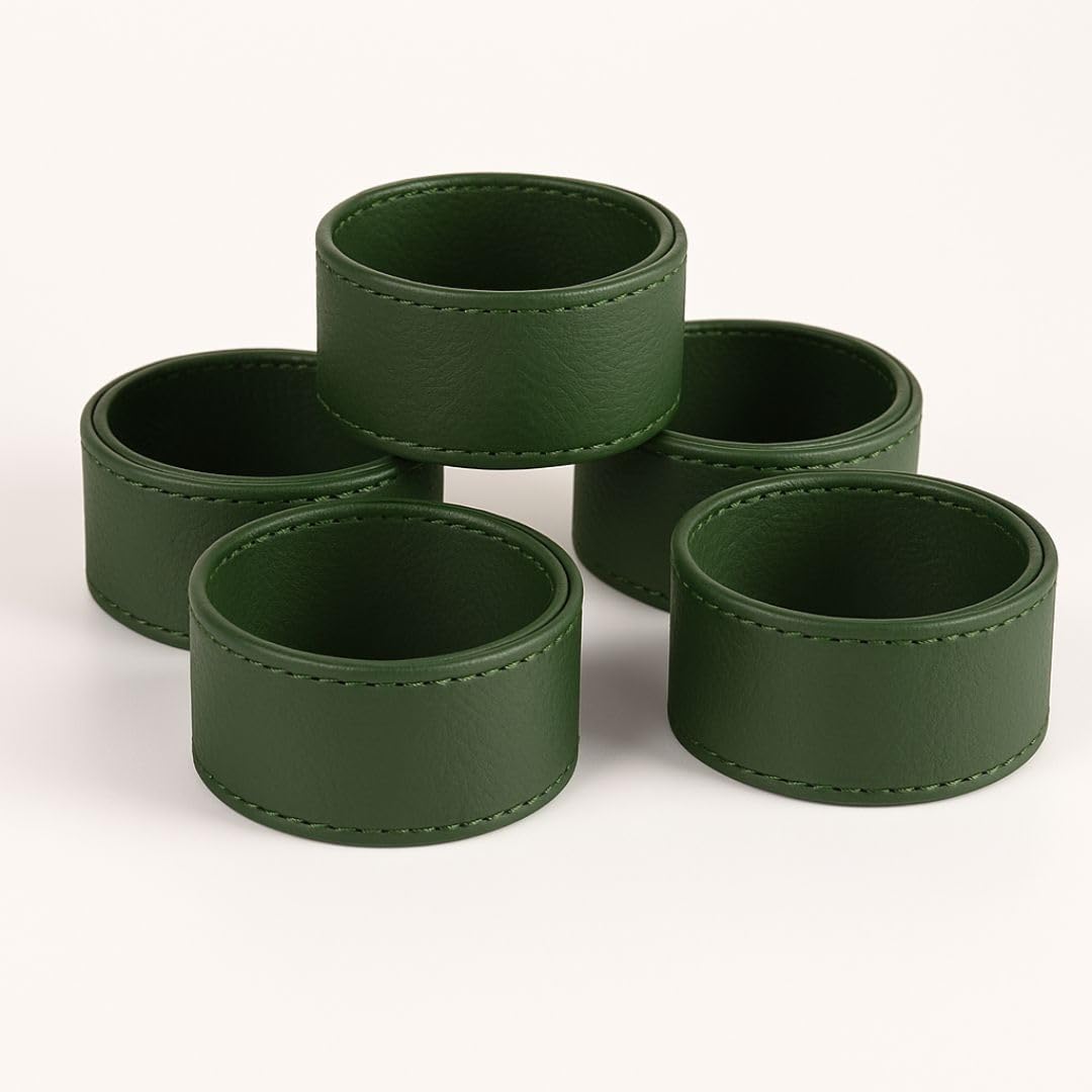 CASA BOTANICAL Hand Crafted Faux Leather Napkin Rings - Set of 6 for Table Decor, Weddings, Dinner Parties, Decorations (Green) 1