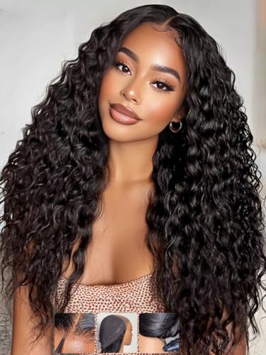 Image of KLAIYI Bye Bye Slip Water Wave 7X5 Precut Lace Front Human Hair Wig Drawstring Glueless 30S Ready to Wear and Go Wig with Baby Hair Pre Plucked Bleached Bye Bye Knots Curly Wig 180% Density 20Inch