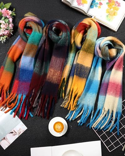 4 Pcs Large Chunky Plaid Scarf for Women Checked Scarf Shawl Blanket Warm Oversized Long Thick Gift4