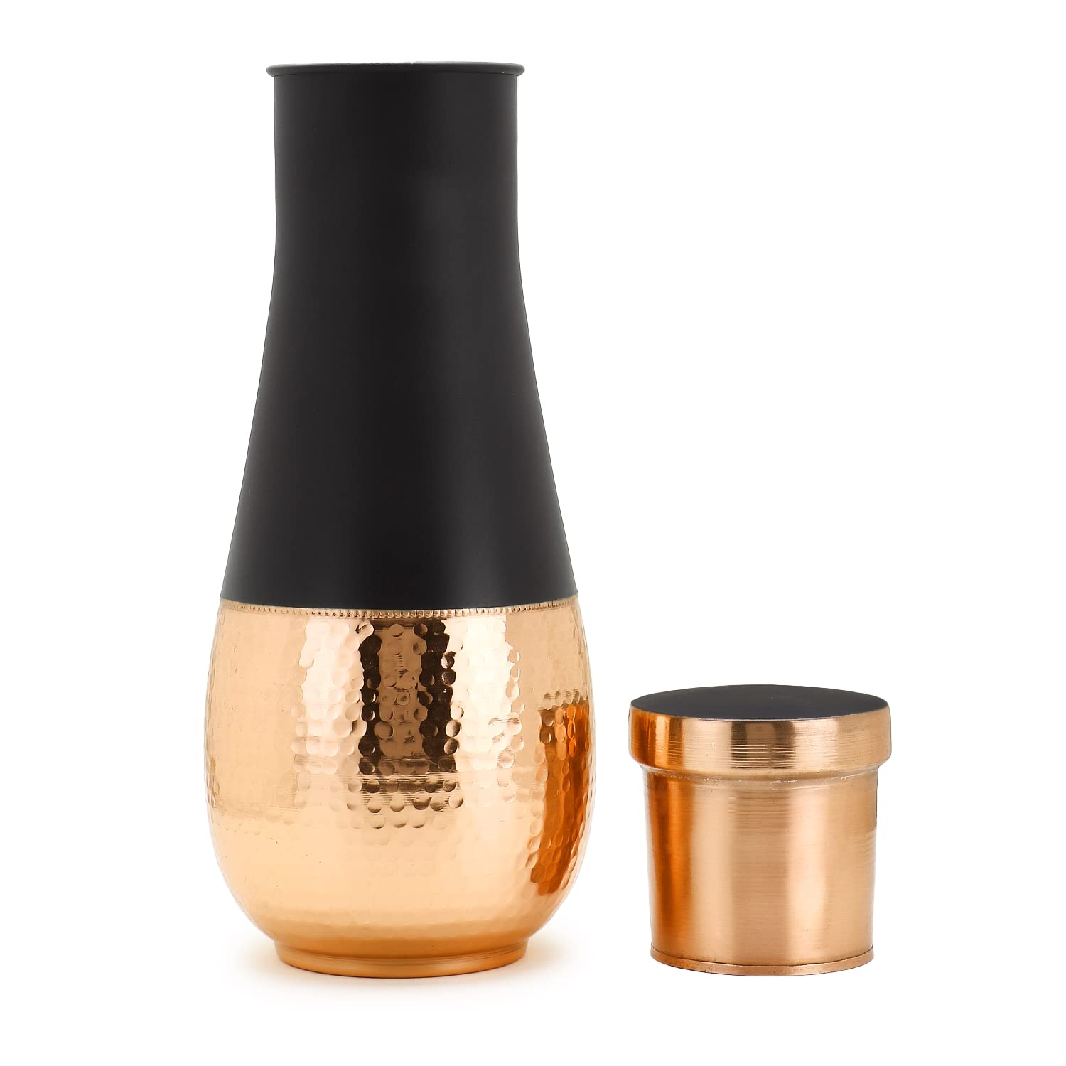 Zap Impex New Handmade Premium Hammered Copper Water Bottle with Built-in Glass/Space Water Tulip Pot (Black)