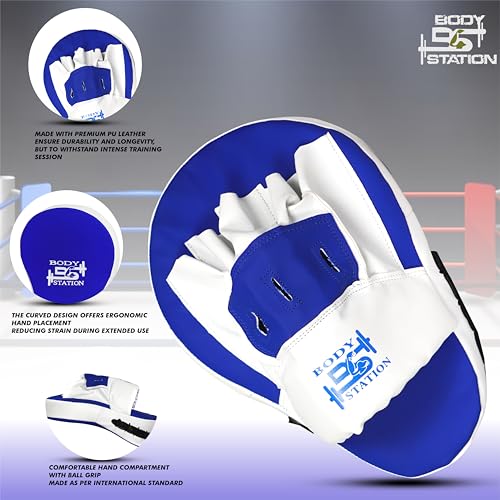 Image of Curved Focus Pad for Boxing, MMA, Karate, Taekwondo, Muay Thai, Kickboxing, Wushu, Aerobics Punch Mitts for Martial Arts Training, Bag Punching & Practice (Blue & White)