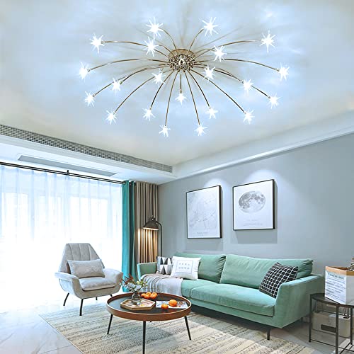 Led Fireworks Ceiling Lights Unique Starry Sky Ceiling Lamp Fixture Gold Chrome-Plated Chandelier Glass Lampshade Living Room Bedroom Dining Room Hanging Light Kids-Lamp (Chrome, White Light 21)