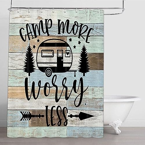 Image of Boziqr Camper RV Shower Curtain Travel Trailer Bathroom Accessories Decor Country Wooden Board Farmhouse Rustic Camping Shower Stall Curtains 47x64 Inches