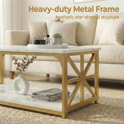 Image of GOFLAME 2-Tier Rectangular Coffee Table, Modern Center Table with Wooden Top, Metal Frame, X Shaped Side Pattern, Display Accent Tea Tables, Living Room Tables for Apartment (White & Gold)