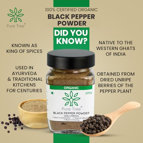 Image of Pure Tree Certified Organic Black Pepper Powder | 200 g | Glass Jar | Kali Mirch Powder | Black Peppercorn Kaali Mirch | Aromatic Black Pepper Seeds Powder | Miriyalu Powder Spices