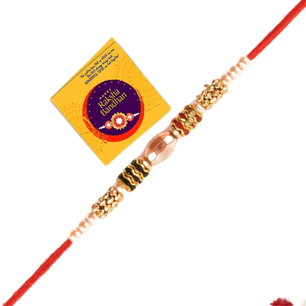A.Pioneer : Handmade Customised White Pearl with Golden Beads Designer Rakhi for Brother/Bhai/Bhaiya with Roli Chawal & Rakshbandhan Greeting Card (WP01) (B095C1JXJG) Amazon Price History, Amazon Price Tracker