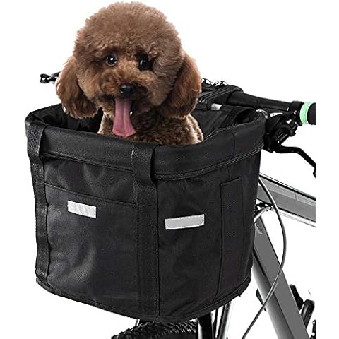 Hamkaw Dogs Carrier Bike Basket - Folding Removable Pet Cat Dog Bike Bag - Dog Bicycle Front Basket Bike Handlebar Basket - Quick Release Easy Install Detachable Cycling Bag Mountain Picnic Shopping Cover