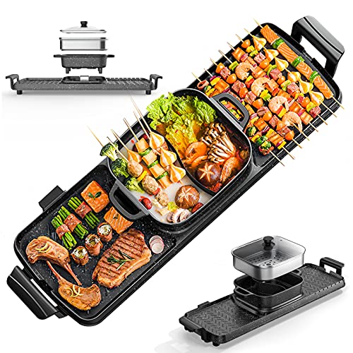 Aoran Kitchen Electric Grill Hot pot,2200w 3 in 1 Electric Smokeless Indoor Grill Pot and Stamer,Separable 3.5L Shabu Hot Pot divided BBQï¼Œ2200W GP-009AYZ