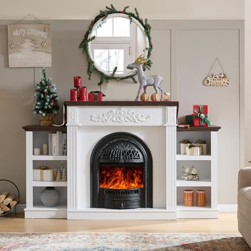 Image of 78 inch Electric Fireplace with Mantel, Electric Fireplace Heater Entertainment Center with Storage,TV Stand with 30'' Fireplace for TVs Up to 90 Inch,Fireplace Insert Heater for Living Room, Bedroom