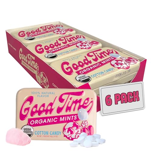 Good Time Organic Mints - Cotton Candy | Cane Sugar, Natural Flavors, No Artificial Colors or Sweeteners | Kosher Certified, Vegan, Gluten Free | Aspartame & Xylitol Free | 40 Count Tin (Pack of 6)