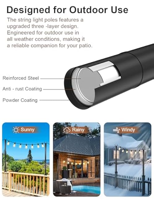 4 Pack String Light Poles for Deck, 5Ft Heavy-Duty Metal Deck Light Poles for Outside with Fixing Clips, Lighting Hanging Post Accessories for Patio Decor Garden Backyard Yard Fence Porch Decorations