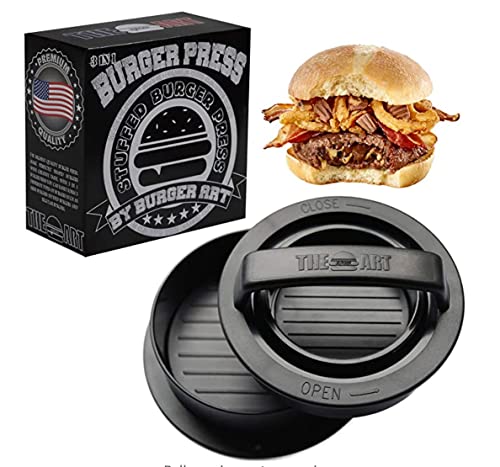 Burger Press with Recipe eBook, Different Size Patty Molds and Non Sticking Coating, Unique 3 in 1 Stuffed Hamburger Maker, With 30 FREE Patty Papers, Discover New Tastes with Burger Art