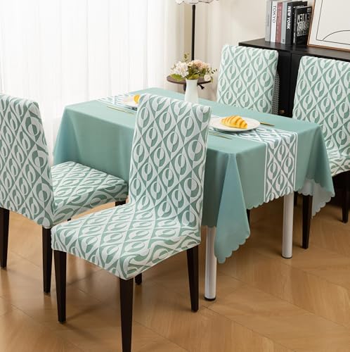 Image of HOMETHREADS Stretchable Elastic Jacquard Chair Seat Cover and Waterproof Dining Table Cover - Removable & Washable, Durable Seat Protector for Dining Room (Green, 6Chairs+1Table Cover (150X220))