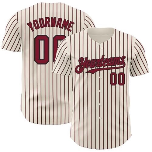 Camiseta de béisbol a rayas personalizada con nombre y número, para mujer, hombre y niños, color crema con rayas rojas y negras
