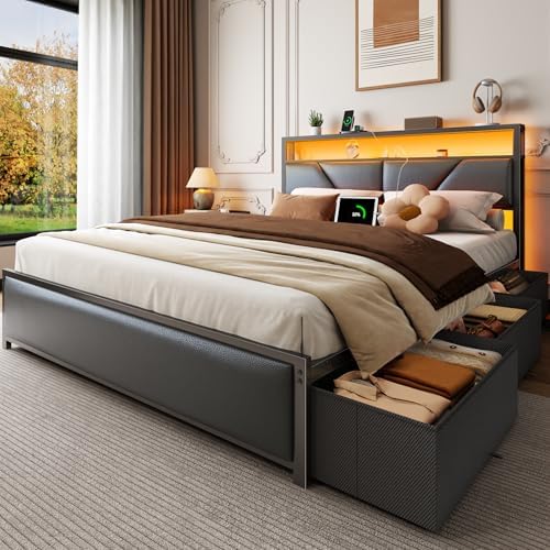 OURPIC Queen Bed Frame with Storage Headboard, 6 Drawers, LED & Charging