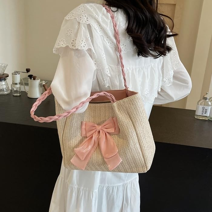 Woven Tote Bag for Women Coquette Straw Purse Trendy Beach Woven Shoulder Bag Summer Spring Handbag Purses with Bow2