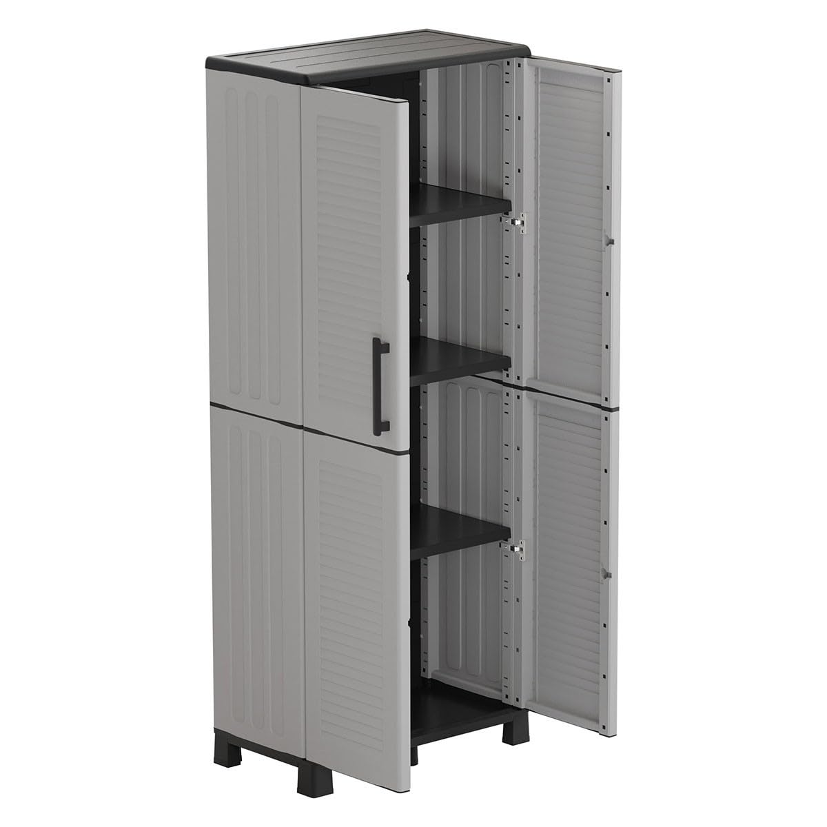 INTEC - Armoire de Rangement Grise 2 Portes 4 Étagères – Meuble Haut Plastique pour Garage, Buanderie, Bureau – Meuble à Pieds H169 cm (68x37x169 cm)