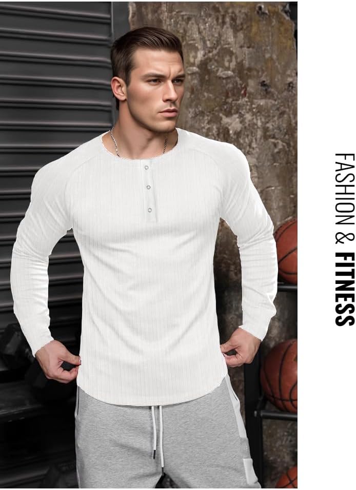Men's Slim Fit Muscle Henley Shirts Stretch Long & Short Sleeve T-Shirt Bodybuilding Workout Gym Ribbed Knit Shirt - Image 2
