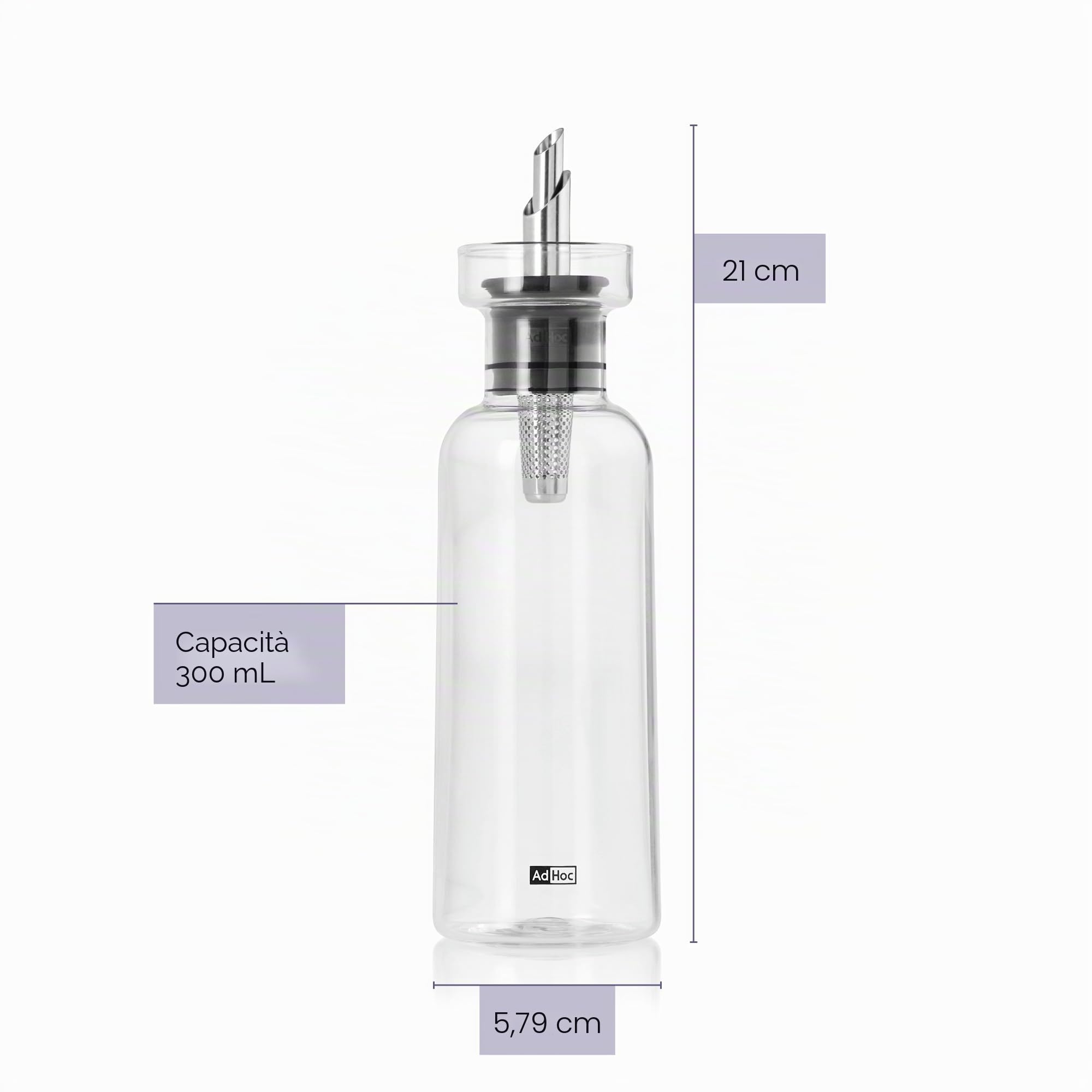 AdHoc AromaPour - Bottiglia in vetro per olio e aceto, 300 ml, dosatore filtrato antigoccia, per olio e aceto, lavabile in lavastoviglie,