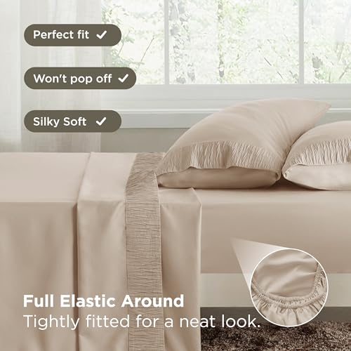Image of Bedsure Full Size Bed Sheets - 4 Pieces Soft Full Sheet Set - Breathable & Cooling - Hotel Luxury - Easy Care Polyester Microfiber Bedding for Women, Men, Beige