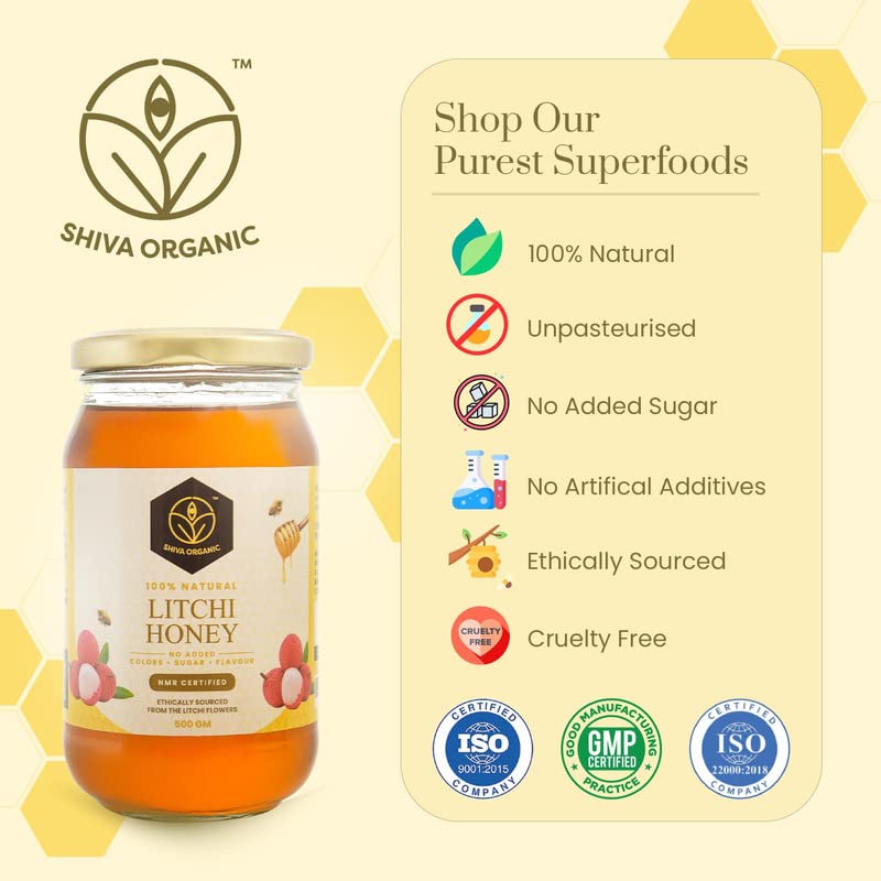 Image of Shiva Organic Raw Litchi Honey 500g | 100% Pure NMR Tested | Raw and Unprocessed