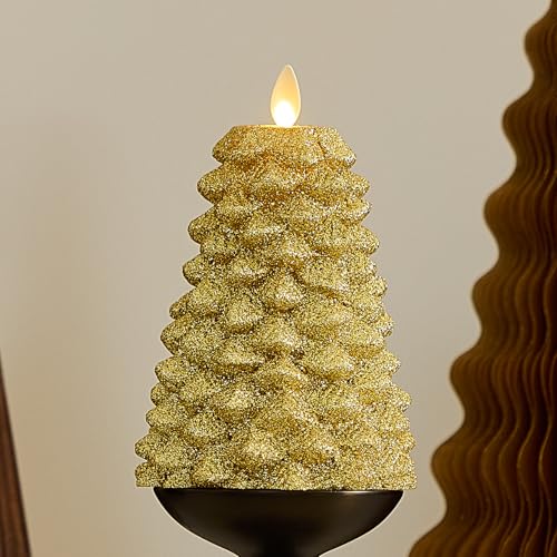 Image of Luminara Rich Gold Glitter Flameless LED Candle North Tree Moving Flame Pillar (3.8 inch x 6 inch)