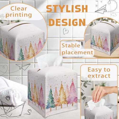 Christmas Tissue Box Holder, Colorful Christmas Tree Leather Tissue Box Cover Square, Paper Facial Decorative Tissues Cover for Night Stands Bathroom Kitchen Office Car Home Decor-B18 by Geuro - Used condition - Image 7