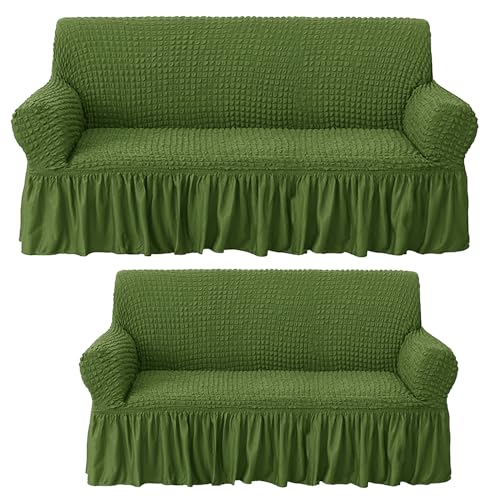 Image of House of Quirk Turkish Bubble Frill Five Seater 3 + 2 Sofa Slipcovers 280 GSM, Durable Washable Universal Triple Seater High Elastic Furniture Protector (Green)