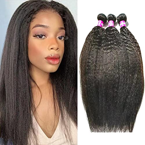 Brazilian Kinky Straight Human Hair Bundles 3 Bundles 100% Unprocessed 10A Human Hair Weave Bundles Yaki Straight Human Hair Extension Natural Color(18 20 22)