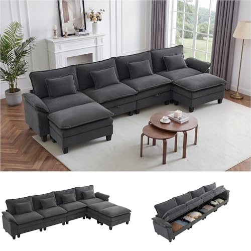 Image of IPKIG 151 inch Modular Cloud Couch with Storage, U Shaped Sectional Sofa with Ottoman & Pillow, Velvet Deep Seat Sectional Couches for Living Room, Apartment, Dark Grey