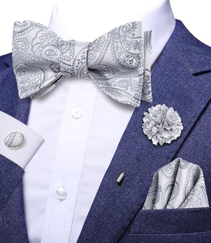 Image of Dubulle Self Tie Bow Ties and Lapel Pin for Men Paisley Solid Mens Bowtie and Handkerchief Cufflinks Set Wedding