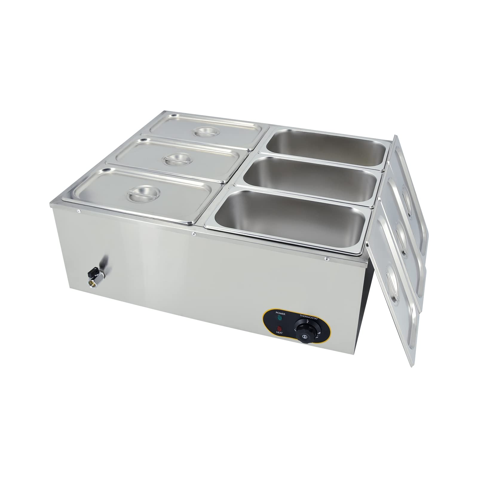Scaldavivande elettrico commerciale, 1500 W, in acciaio inox, controllo della temperatura, include coperchi e rubinetto di scarico, 4 contenitori GN 1/2