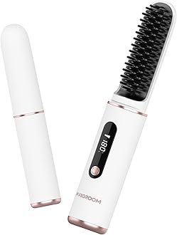 MAXGROOM Cordless Hair Straightener Brush, Portable Hair Straightening Brush for Travel, Hot Straightener Comb for Women with LED Display, Type-C Rechargeable, Anti-Scald (White)