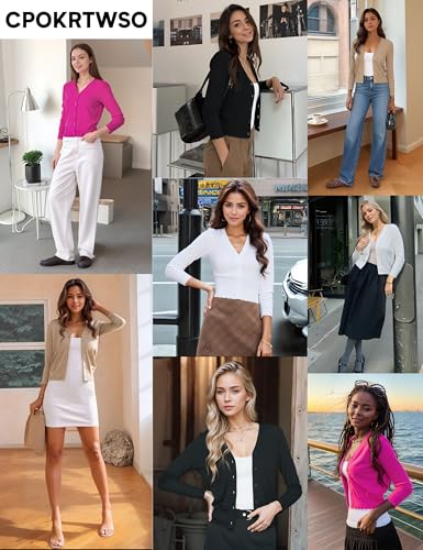 CPOKRTWSO Women's Cropped Cardigan 3/4 Sleeve Bolero Shrug for Dresses Lightweight Open Front Button Down Sweater2