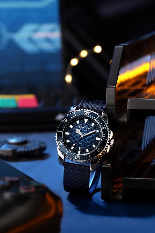 Image of Giordano Analog Quartz Watch for Men with Black Textured Fish Scale Dial, Luminous Hands & Markers, Date Window, Nylon NATO Strap, Rotating Bezel