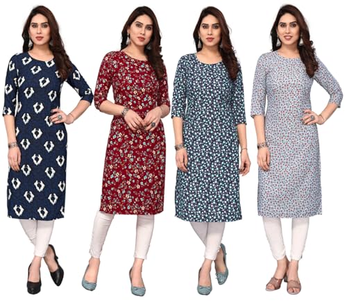 Image of JAKHANA Women's Crepe Printed Casual Straight Calf Length Round Nick Kurta Pack of 4