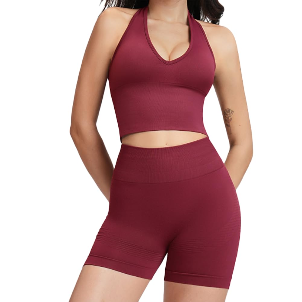 JPXJGT Gym Clothing Deep V Halter Neck Seamless Yoga Tank Top Tight Sports Shorts Casual Sets for Running(Size:L,Color:Red)