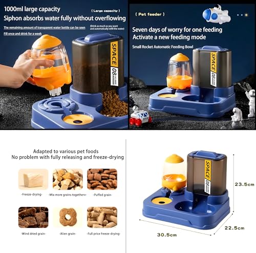 Image of 24x7 eMall 2 in 1 Automatic Water and Food Feeder Dispenser for Small Medium Big Dog Pets Puppy Kittens, Gravity Design Pet Auto Feeder Cat Food Dispenser and Auto Dog Water Dispenser 1 L Space Blue