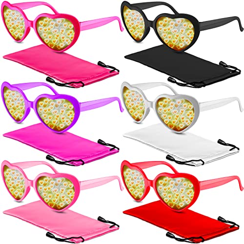 Konohan 6 Pairs Heart Sunglasses Effect Glasses Diffraction Festival Back to School Party Light Changing Heart and 6 Pieces Microfiber Glasses Gadgets Slim Soft Storage Pouch with Drawstring Closure
