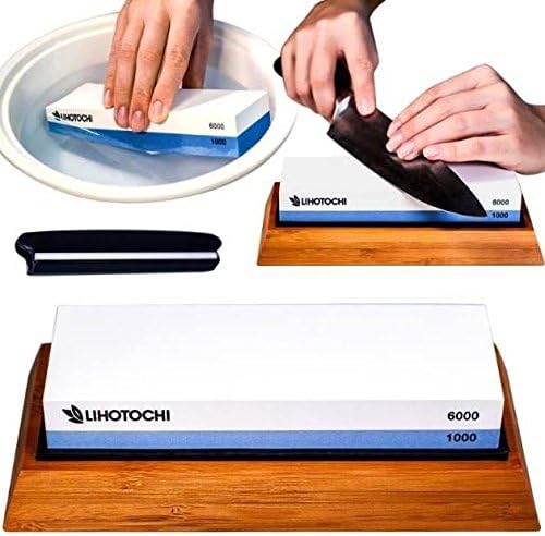 Lihotochi - Best Waterstone - Sharpening stone for knives - 2 sided whetstone flattener set - Universal kit 1000/6000 grit with NonSlip Bamboo Base & Angle Guide