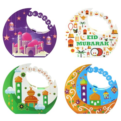 Lot de 8 boîtes à bonbons avec poignée pour l'Aïd Mubarak - Violet, bleu, vert, château musulman, mosquée, étoiles, lune, pour fête musulmane, islam,...