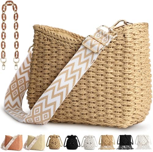Straw Handbags Purses Crossbody Pocketbook Bag Casual Woven Beach Bags Summer Hobo Hippie Chic Tote Bags with Chain