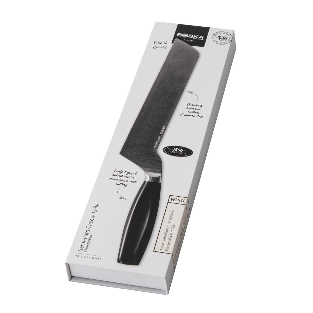 BOSKA Couteau à Fromage Professionnel – Pour fromages à croûte fleurie – Lame 210 mm – Manche Blanc – Code couleur HACCP – Collection 1896