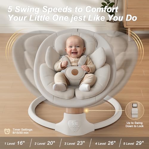 Image of Baby Swings for Infants, FasonBaby Electric Baby Swing with Music Speaker, 5 Speeds, Remote Control and Bluetooth - Portable Infant Swing for Indoor and Outdoor (Beige)