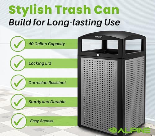 Image of Alpine 40-Gallon Outdoor Commercial Trash Can with Locking Lid - Heavy-Duty Weather-Resistant Metal Garbage Bin with Removable Liner for Parks, Restaurants & Public Spaces